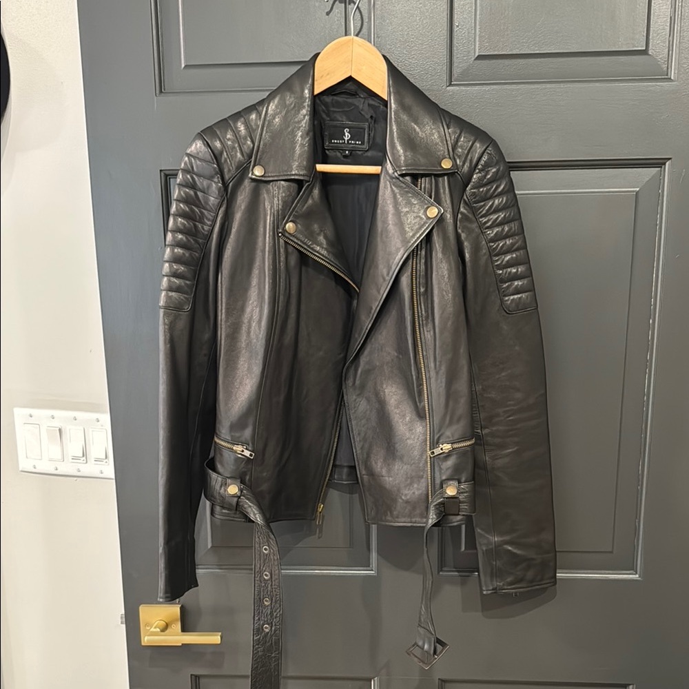 Black Leather Biker Jacket with Asymmetrical Zipper and Quilted Shoulders
